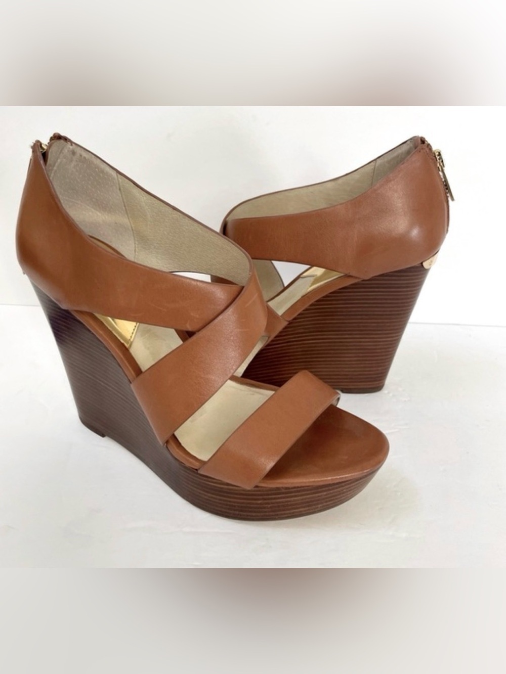 Michael Kors Cognac Leather Crisscross Wedge Sandals